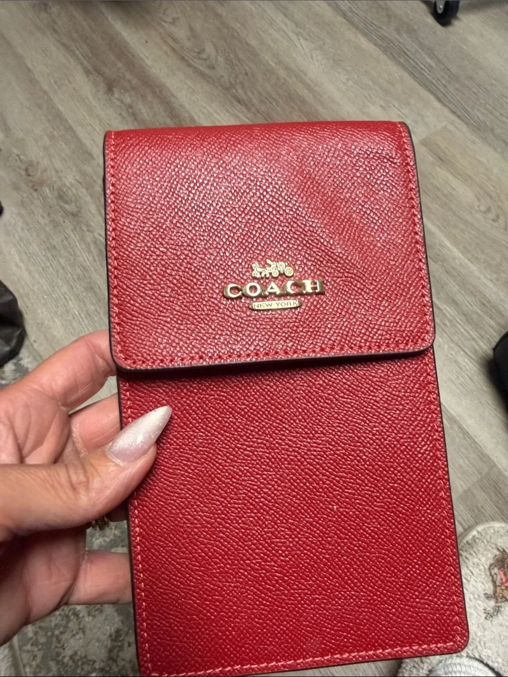Coach Red Leather Long Strap Phone Pouch with Gold Logo - Picture 2 of 7